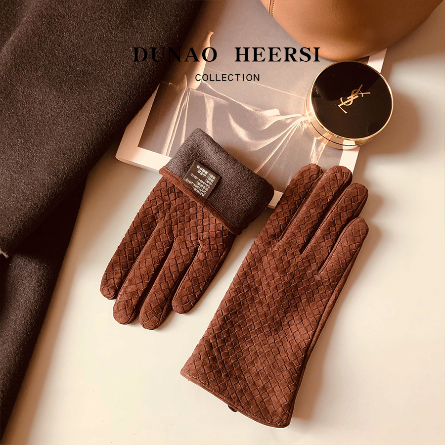 英伦时尚编织复古山羊皮手套女秋冬季加绒保暖薄款麂皮绒开车骑行