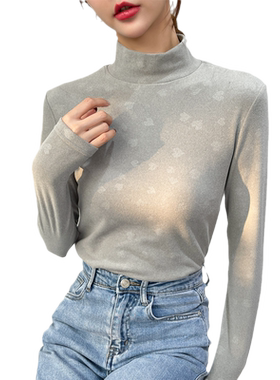 半高领修身保暖德绒印花长袖