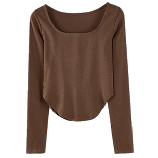 春秋冬季气质方领韩版纯棉短款纯色长袖体恤上衣内搭打底衫女燕尾