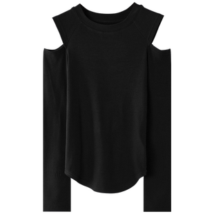 漏肩镂空纯欲风圆领长袖T恤女内搭春秋新款修身燕尾摆磨毛打底衫