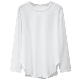 早春新款韩版圆领纯白宽松白色中长款燕尾摆长袖体恤上衣女打底衫