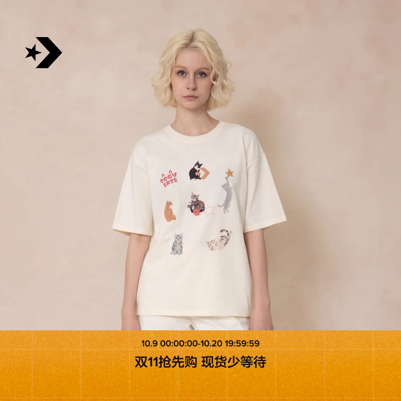 CONVERSE匡威官方 猫咪图案印花复古短袖女T恤WCH662