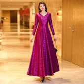 长袖 秋季 新款 连衣裙高端气质品牌收腰大摆端庄超长裙轻奢刺绣蕾丝