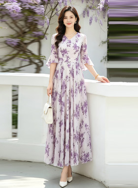 锦绣媛夏季新款高级感时尚显瘦碎花大摆连身裙女气质过膝长裙