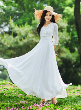 连衣裙仙女风2026新款夏气质拖地裙子大摆裙沙滩裙白色雪纺超长裙