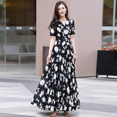 印花黑色雪纺连衣裙女2025初夏新款 气质显瘦减龄高级感时尚 大摆裙
