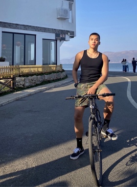 PrintAce咔叽重磅250g纯棉纯色男士背心宽松打底无袖运动健身百搭