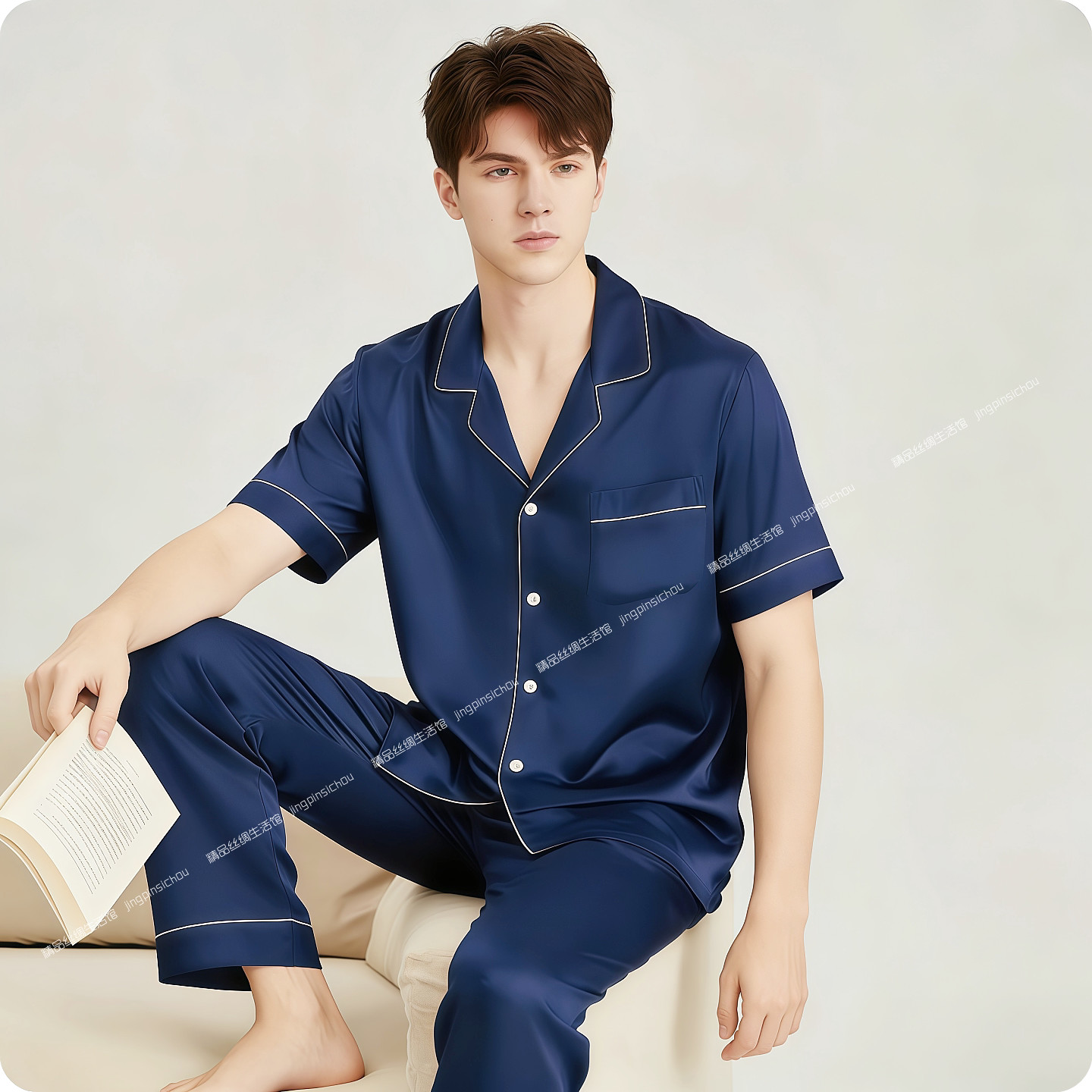 6A正品40姆米重磅真丝睡衣男春秋100%桑蚕丝丝绸居家服短袖长裤