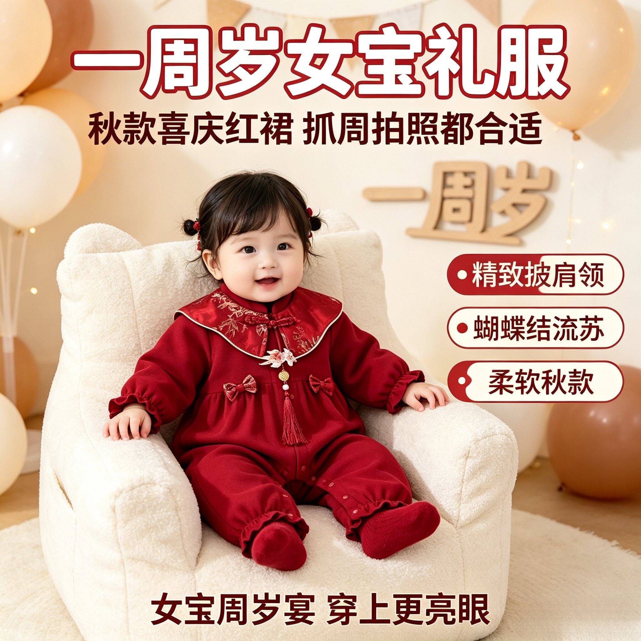 一岁女宝周岁礼服秋款红色新中式