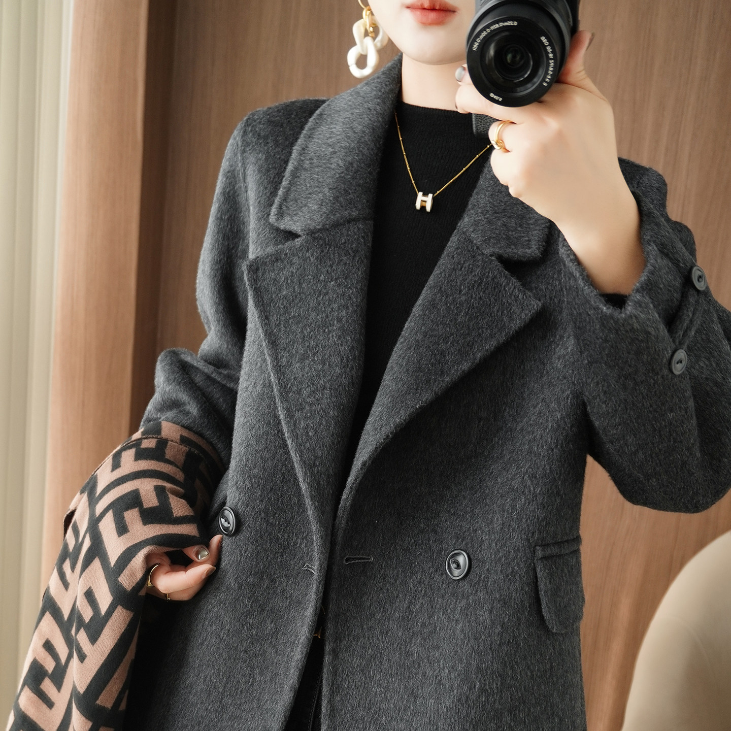 新款双面羊绒大衣女中长款牦牛绒宽松羊毛呢子高端反季休闲外套