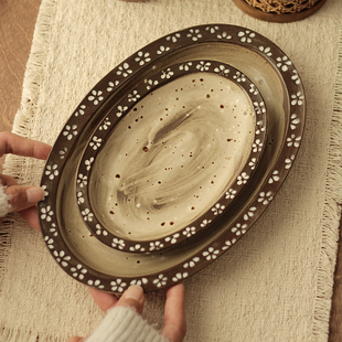 胡桃集市复古侘寂风山野风餐具做旧粗陶早餐盘甜品盘水果盘釉下彩