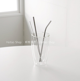 胡桃集市 ins简约风304不锈钢吸管套装弯管直管 搅拌棒吸管刷出口