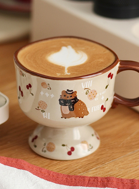 胡桃集市 复古猫咪咖啡杯拉花杯中古风水杯陶瓷杯子秋冬女生礼物