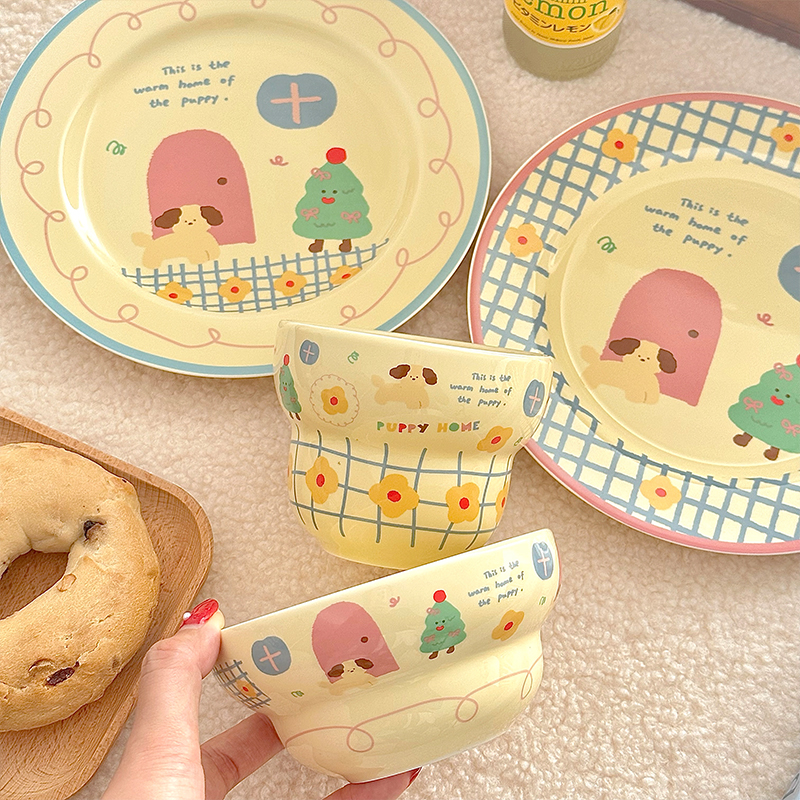 胡桃集市 ins风韩系小狗餐具彩色插画甜品盘早餐盘水果盘陶瓷盘子