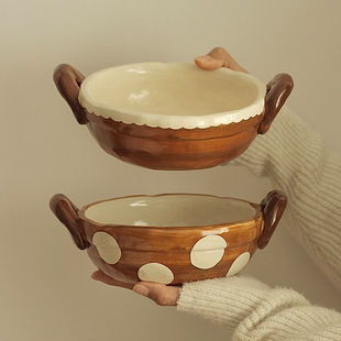 胡桃集市日式复古手绘波点双耳碗防烫汤碗面碗盖饭碗釉下彩沙拉碗