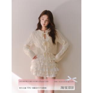 RECIT 覆古钩针系带蝴蝶结短款针织开衫女秋冬手工珍珠领毛衣外套