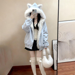 可爱少女蓝色猫耳朵毛领连帽双面可穿棉服女冬季 宽松保暖外套 新款