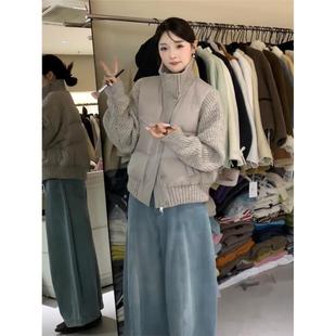 韩系针织毛衣拼接立领棉服外套女冬轻薄小个子宽松百搭保暖面包服