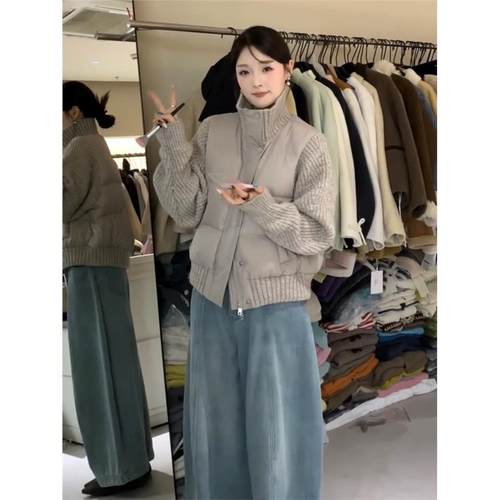 韩系针织毛衣拼接立领棉