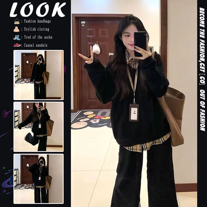 拼接格子polo领假两件卫