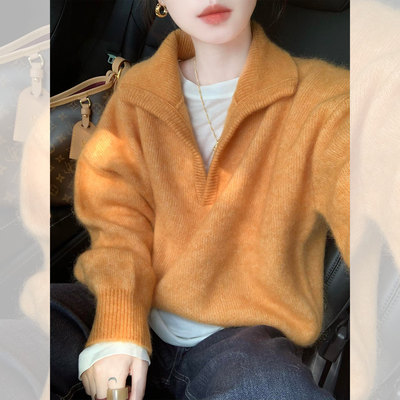 多巴胺橘色半开领宽松慵