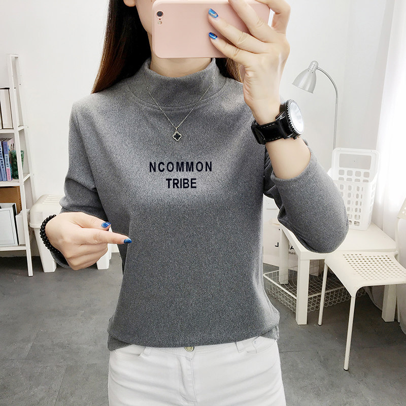 高级灰色半高领双面德绒打底衫女秋冬季内搭洋气加绒加厚磨毛上衣