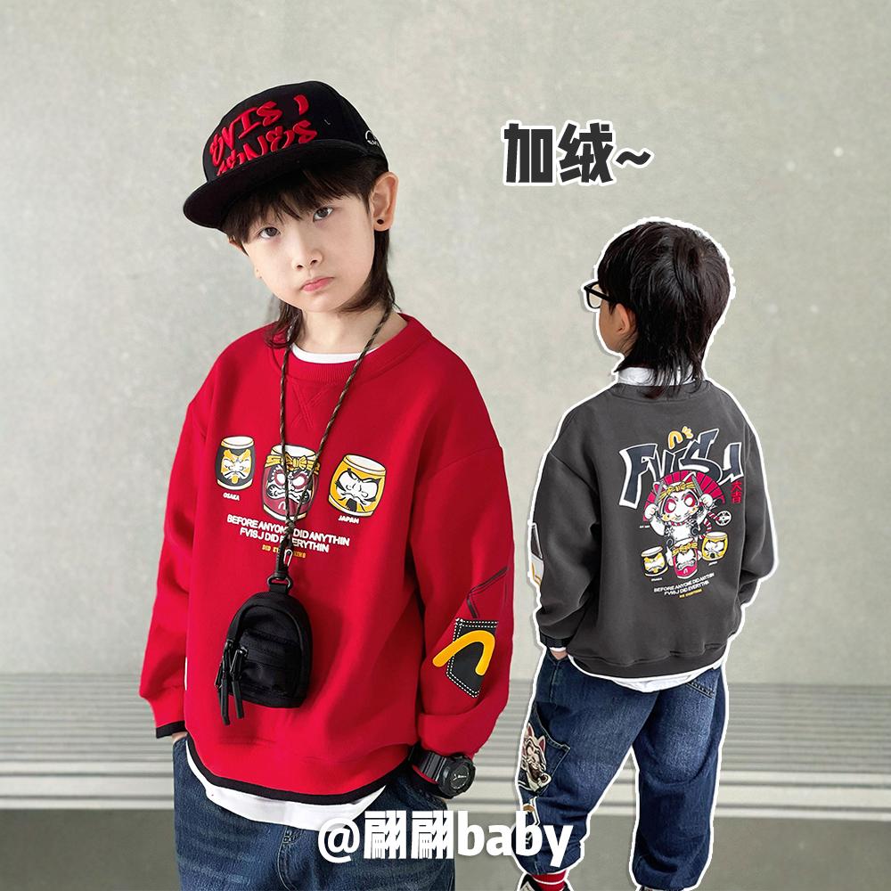 招财猫卡通过年红色加绒卫衣外套