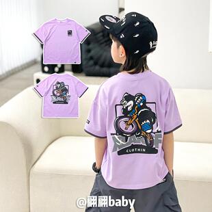 26夏季新款日系潮男儿童装帅气紫色纯棉卡通摩托车假两件短袖T恤