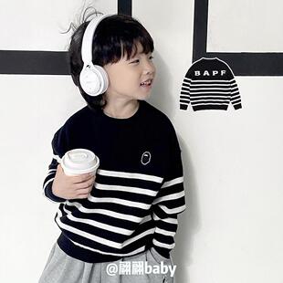 25秋冬季新款日系潮男儿童装条纹百搭休闲套头柔软毛线上衣针织衫