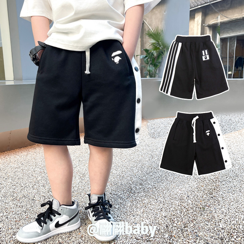 25夏季新款日系潮男儿中童装条纹排扣纯棉毛圈黑色休闲五分中短裤