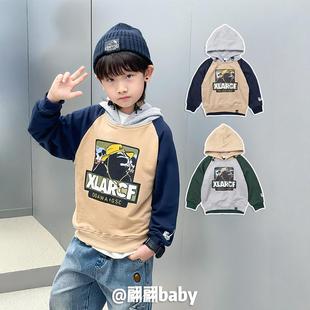  春秋季日系潮男儿童装休闲纯棉拼色插肩袖连帽套头卫衣外套