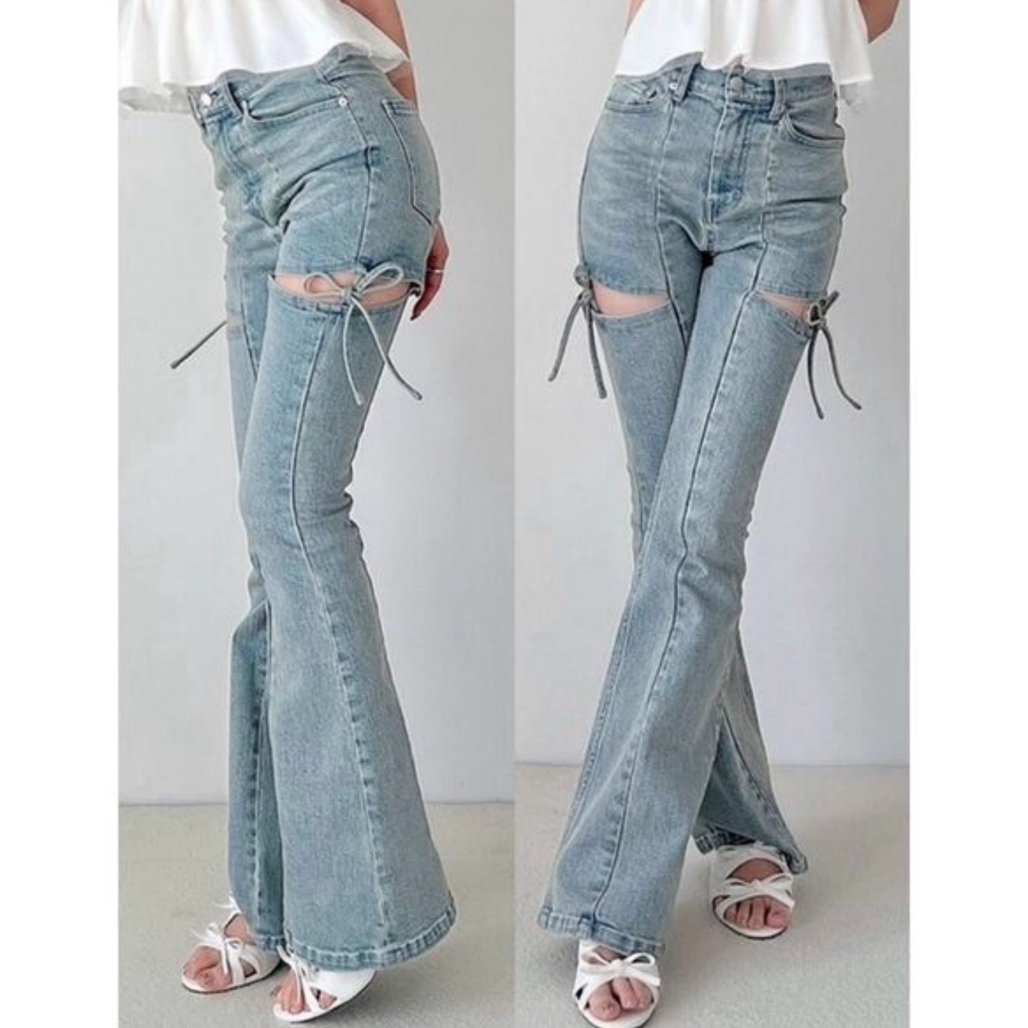 东京购日本春夏新品日系修身显瘦镂空蝴蝶结系带高腰喇叭牛仔长裤