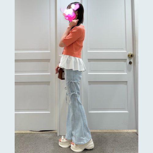 蝴蝶喇叭牛仔裤女春秋季微胖mm弹力复古显瘦设计感显高腿长喇叭裤