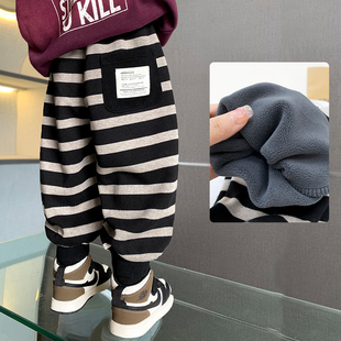 儿童裤子加绒休闲裤2025男童女宝宝幼儿园卫裤纯棉条纹薄绒一体绒