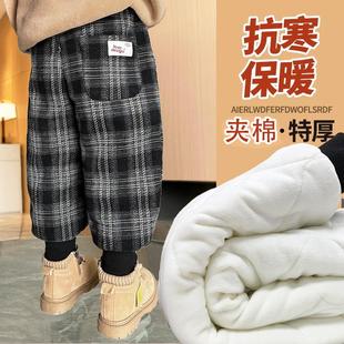 子夹棉加绒特厚男童女童格子三层加厚 秋冬宝宝裤 儿童棉裤 2025新款