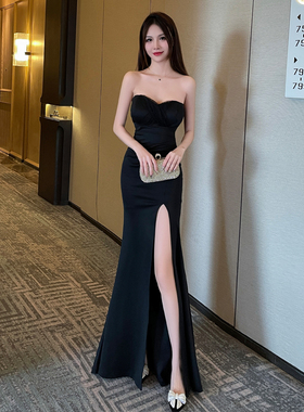 黑色抹胸礼服新款轻奢小众高端性感长裙高级感宴会开叉气质鱼尾裙