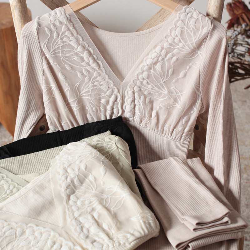부드럽고 가벼우며 몸매를 가꾸는 온열 속옷 온열 긴팔 가을 겨울 여성 가을 ??옷과 레이스 자수 바지