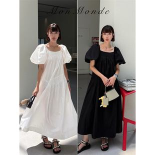连身裙女2色 MonMonde 2025年夏季 方领泡泡袖 大裙摆长款