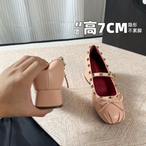 小个子显高7cm增高单鞋女法式铆钉蝴蝶结小香风浅口粗跟玛丽珍鞋