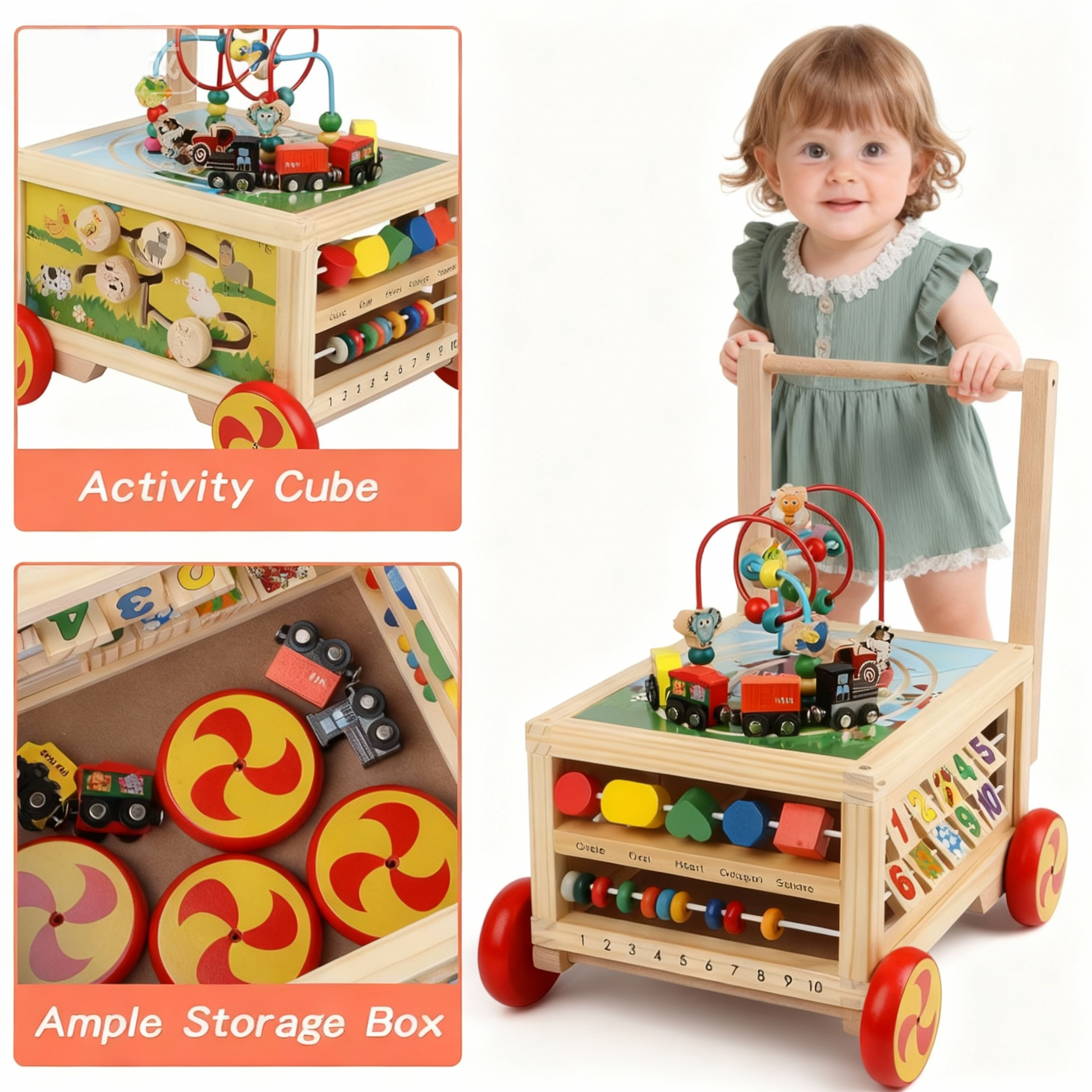 蒙特梭利学步行玩具带轮子木制婴儿手推车6-12个月男孩婴儿学步车