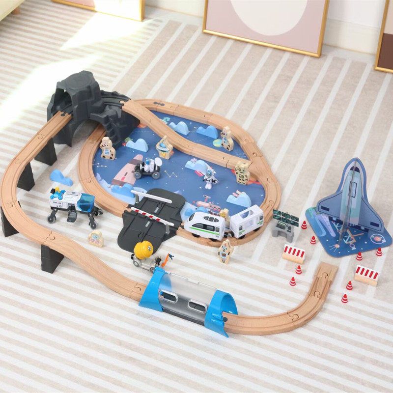 ELECTRIC SOLID WOOD SPACE PLANET CHILDRENS BRAINS PUZZLE ASSEMBLY TOY TRAIN TRACK TOY CAR ROCKET MOON EXPLORATION