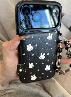 小众韩国皮质黑底白色兔子星星适用iphone16pro手机壳苹果17新款15创意14pro女款17超火15promax防摔保护套