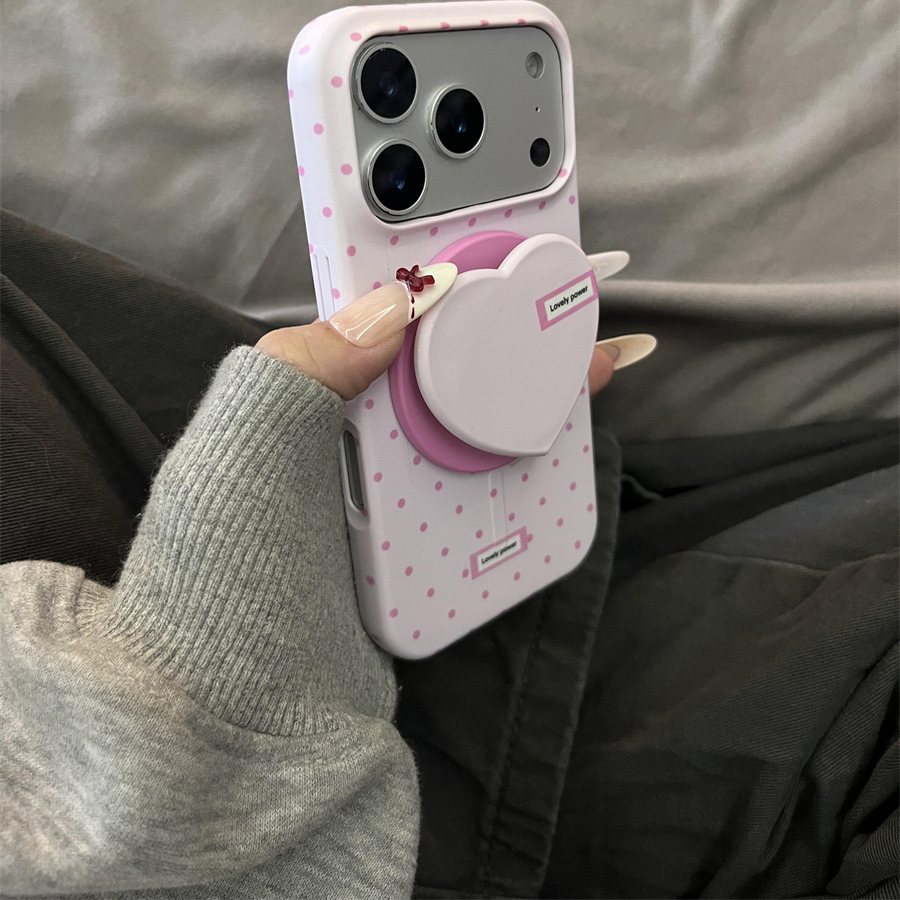 韩国可爱少女波点粉色爱心磁吸支架适用iphone16pro手机壳苹果17新款15创意14pro女17超火15promax防摔保护套