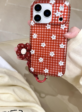 小众韩国红色格纹气质温柔小花适用iphone16pro手机壳苹果17新款15创意14pro女款17超火15promax防摔保护套