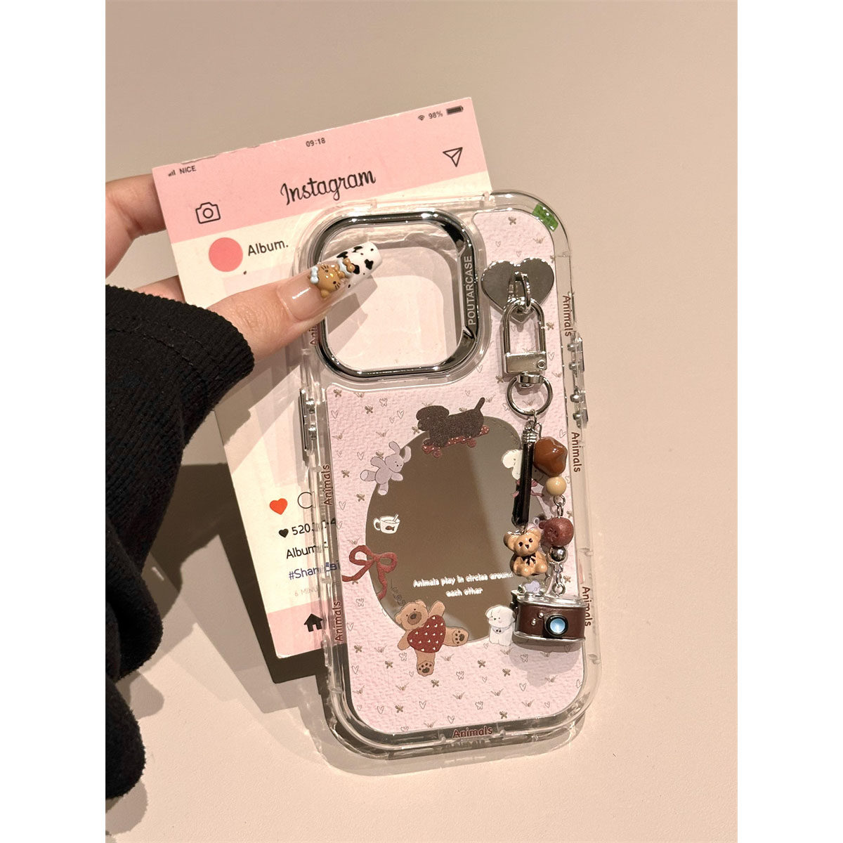 DGP 韩国可爱复古小熊相机镜面挂件电镀适用于iPhone16promax手机壳14苹果15pro硬壳13防摔新款女超火