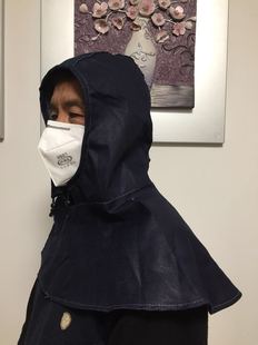 春夏季 黑色牛仔布有帽檐披肩帽劳保搬运防尘帽工作防护风帽男女