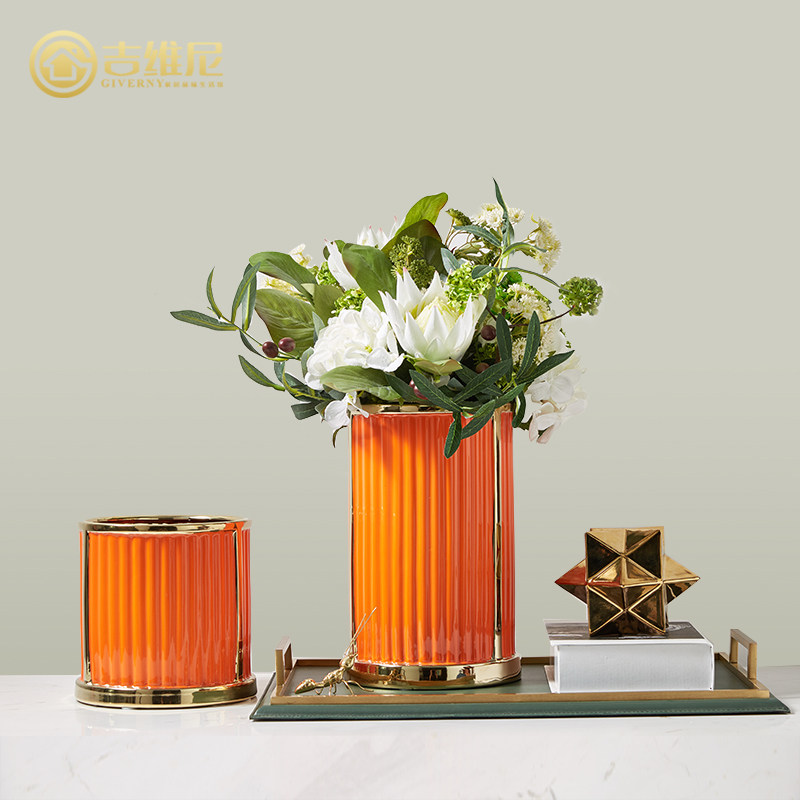 Modern city light luxury ceramic vase flower arrangement ornaments Simple beauty style Bedroom model room Entrance color decoration flower