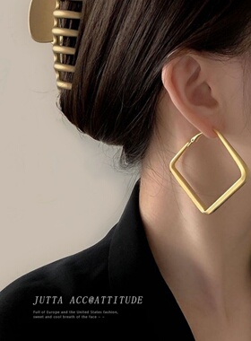 欧美菱形方形耳环显瘦女港式酷飒风耳饰夸张独特中古耳饰大耳圈潮