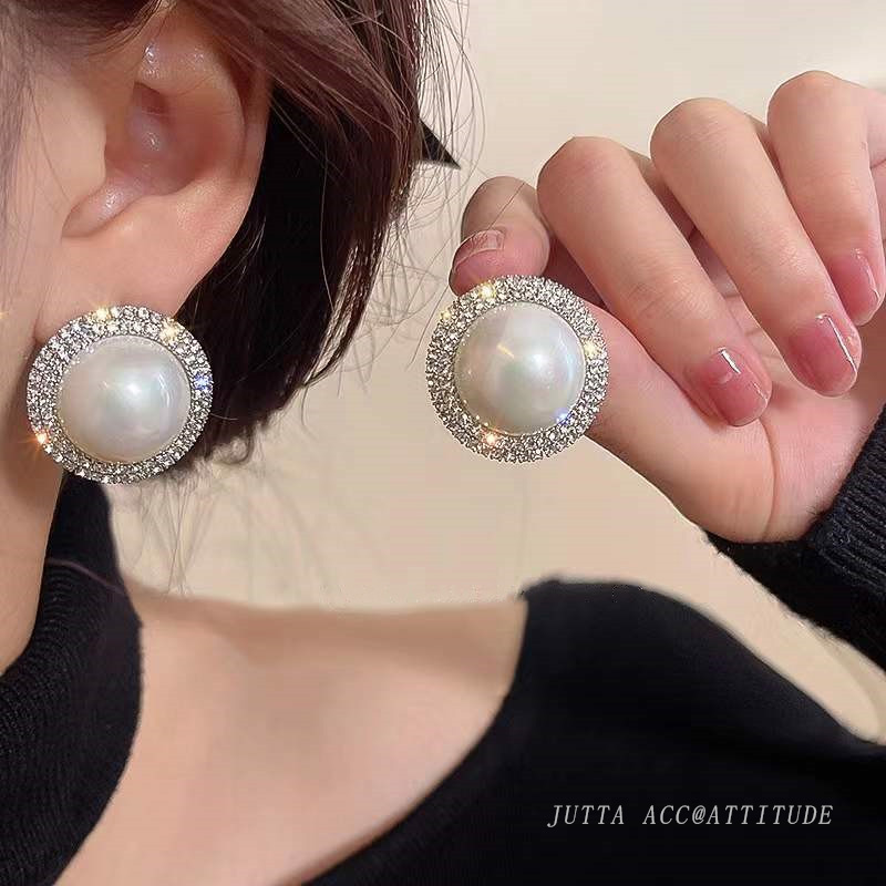 珍珠耳钉耳环爆闪带钻赫本风耳饰