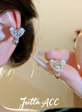 轻奢爱心锆石十字架镶钻耳夹女高级感无耳洞耳饰小众设计甜美复古